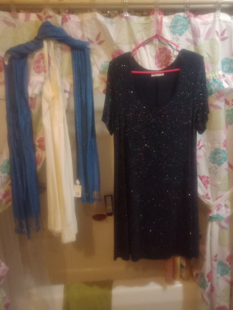 Ladies Awesome Black Sequin Dress With Slip & Blue Sequin Scarf