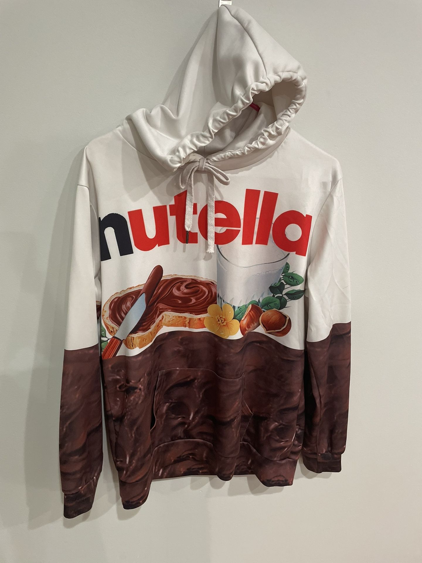 Nutella Womens White Graphic All Over Print Longsleeve Hoodie Size Medium