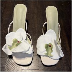 Elegant White & Green Floral Women's Heels