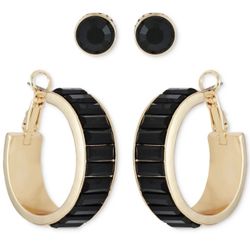 GUESS Gold-Tone Crystal Stud & Black Baguette Hoop Earrings Set