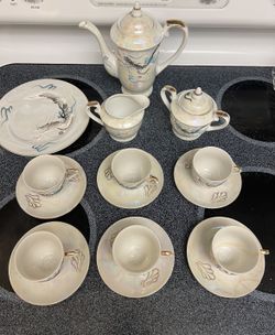 Dragonware Lusterware Moriage Tea Set with Lithophane Geishas, Japan