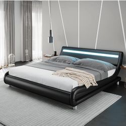 Upholstered QUEEN LED Bed Frame with Headboard, Modern Low Profile Platform Bed Black W-65