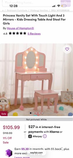 Princess Vanity Set With Touch Light And 3 Mirrors - Kids Dressing Table And Stool For Girls