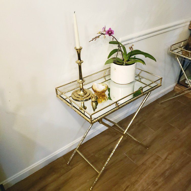 Pending Hollywood Regency Gold Metal Bamboo Mirrored Tray Table