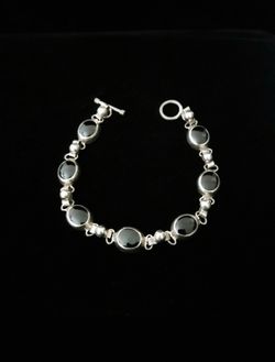 7.5" Handcrafted Solid Sterling Silver Black Onyx & Bead Link Bracelet, signed