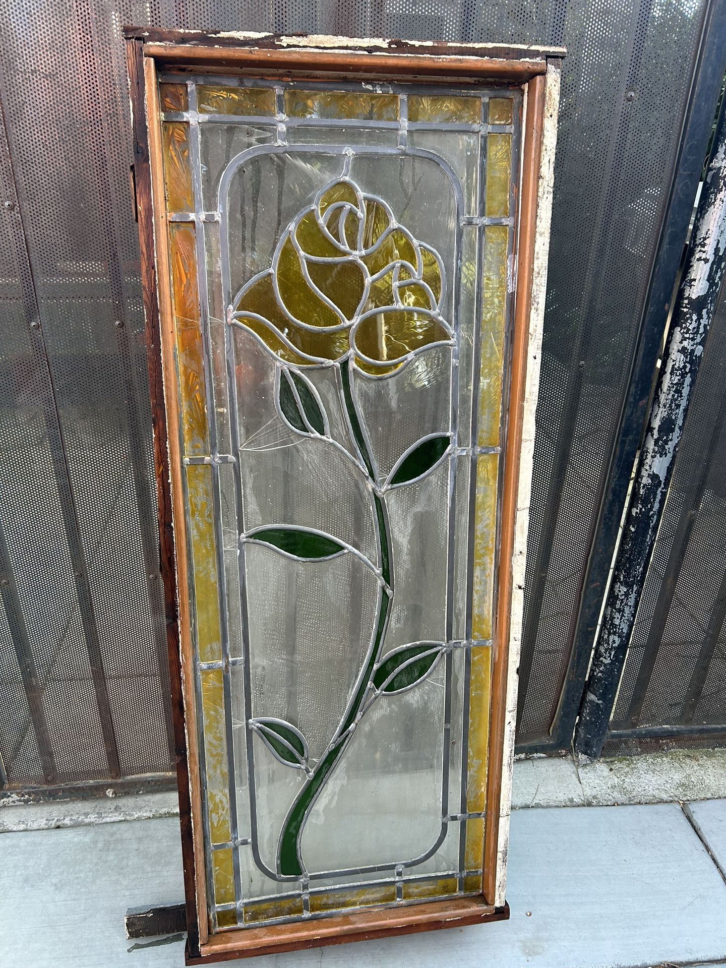 Antique Vintage Stained Glass Window Yellow Rose Design