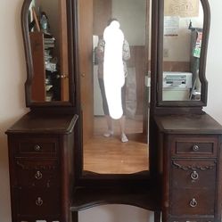 Antique Vanity Dresser & Cain Bench