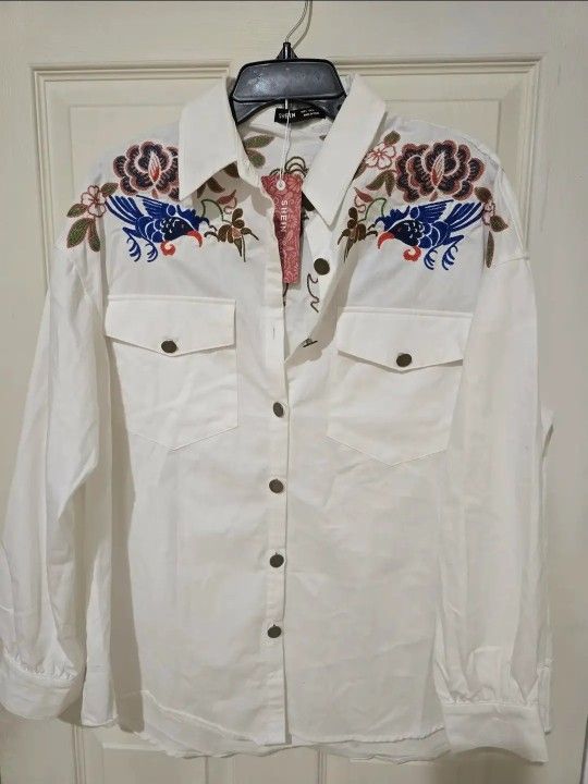 Sale!!NewSHEIN Embroidered Floral Print Lantern Sleeve Button Front Shirt size 36 ( reseda ca)new