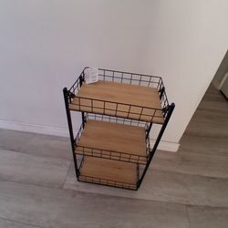 *MUST SELL* END TABLE STORAGE SHELF 3 SHELVES.  BLACK WROUGHT IRON LIGHT PRESSED WOOD