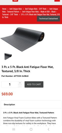 3 Ft. x 5 Ft. Black Anti Fatigue Floor Mat, Textured, 3/8 In. Thick
Part Number: AFTX38-3x5BLK