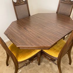 Vintage 1970s Dining set octagonal Pedestal table Matching Cane Back Chairs Leaf