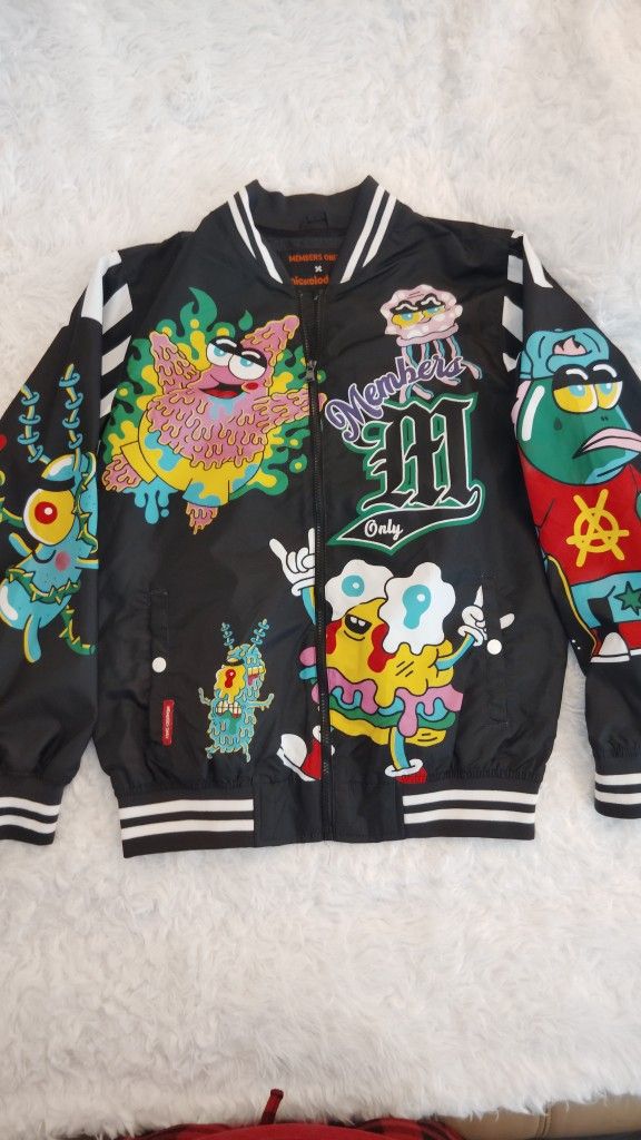 Men's Members Only Nickelodeon SpongeBob Patrick Cartoon Varsity BLK Graphic Sports Jacket ZipUp Lightweight SZ:S