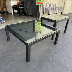 Set of 2 Crate & Barrel Parsons Square Iron + Glass Coffee Table and Side Table Good Condition 
