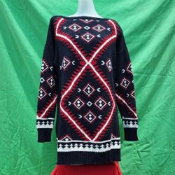 Lauren Ralph Lauren Aztec Southwest Tunic Sweater Sz PL Boat Neck Black RedWhite