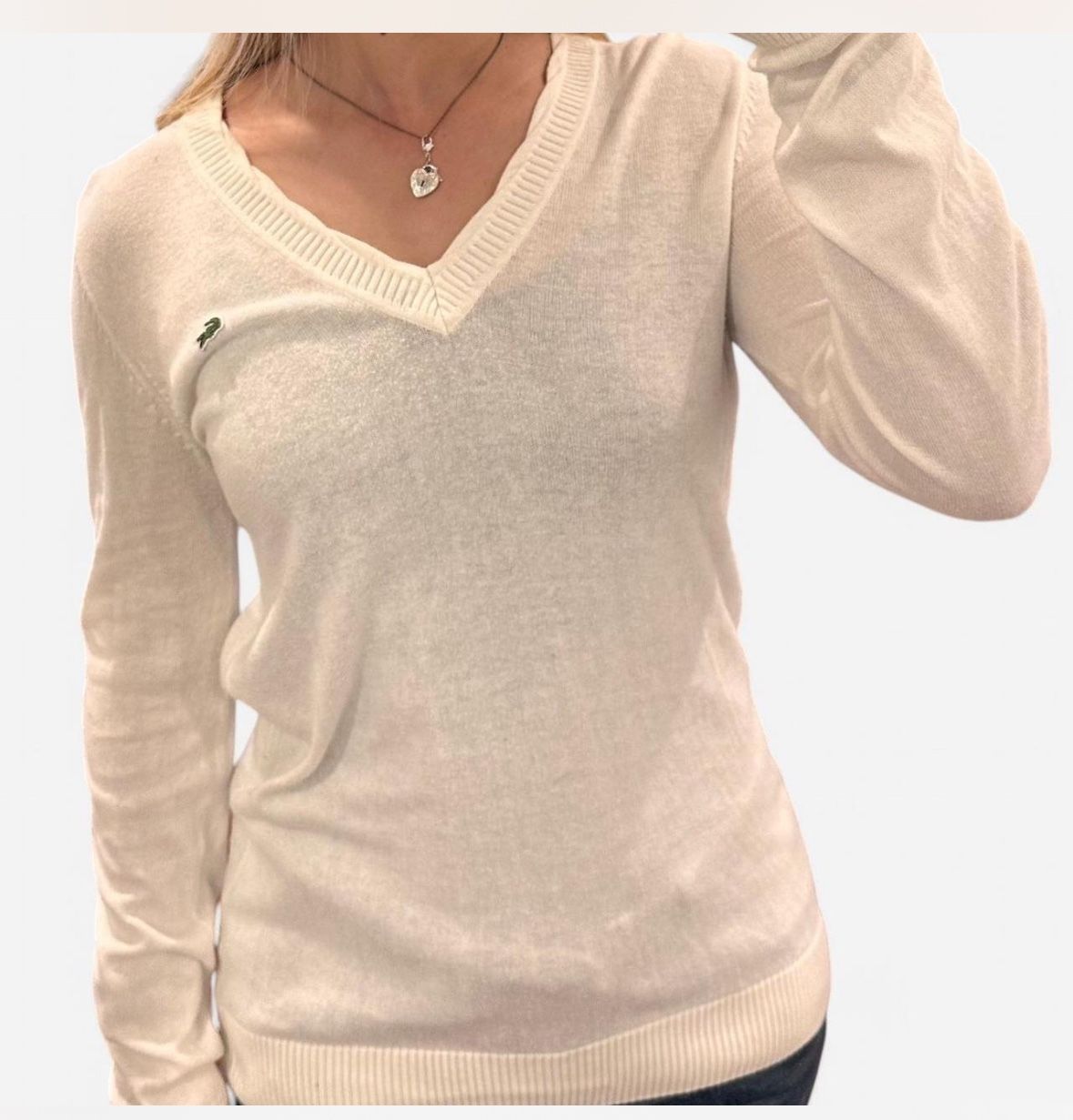 Lacoste White Cotton Cashmere Lightweight Sweater Preppy Spring Croquette Long