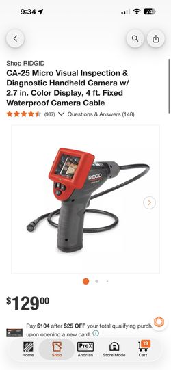 RIDGID CA-25 Micro Visual Inspection & Diagnostic Handheld Camera w/ 2.7 in. Color Display, 4 ft. Fixed Waterproof Camera Cable