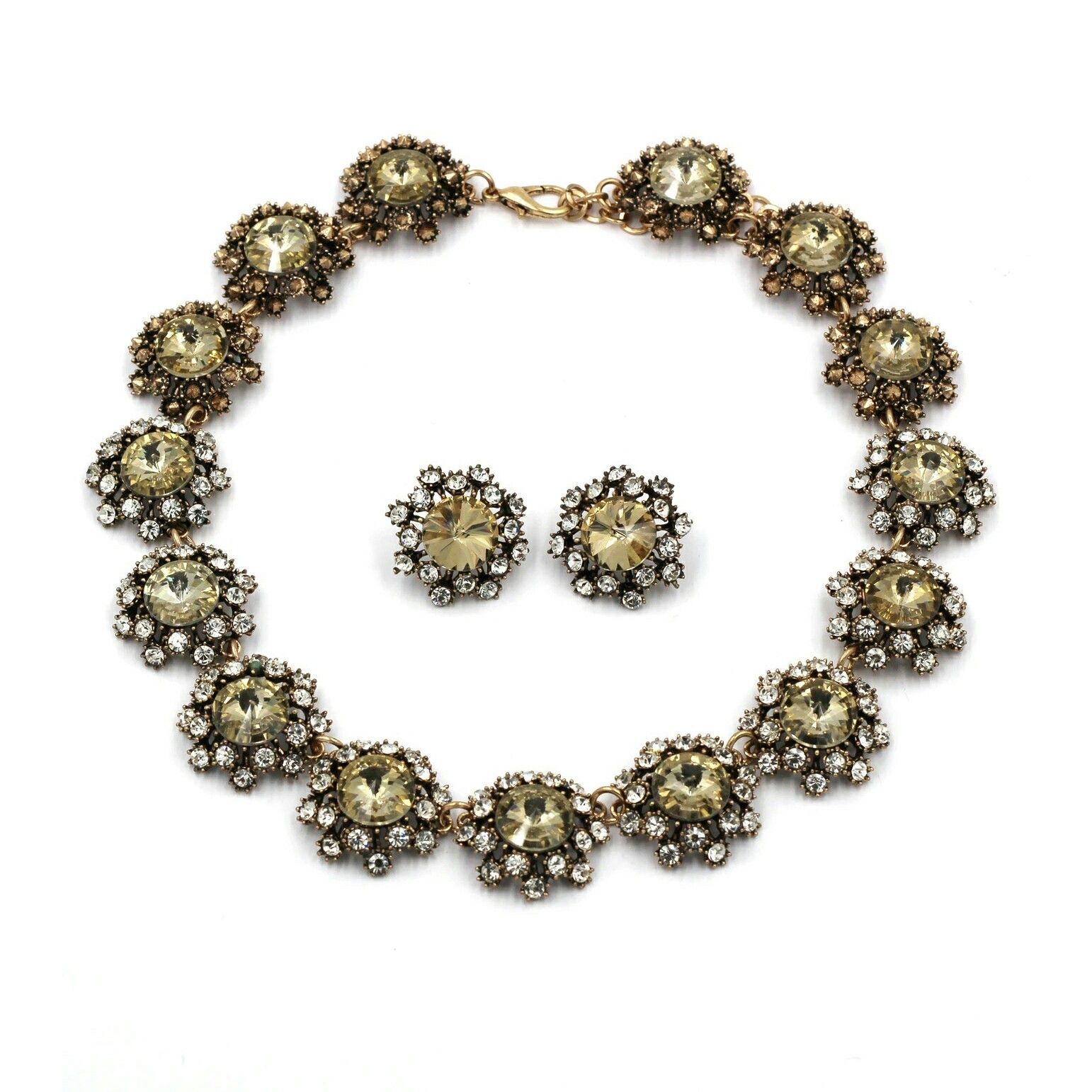 Elegant green crystal flower necklace earrings set