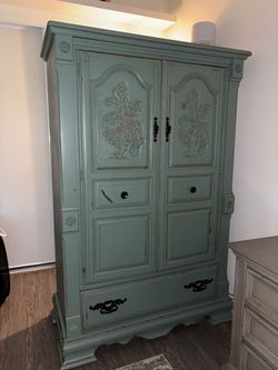 Vintage Sage Green Painted Wood Armoire