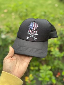 H3 Sportgear Black Trucker Hat with American Flag Skull and Wrenches