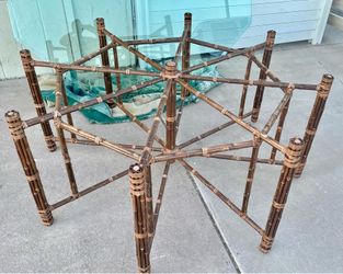 Large Mid Century McGuire Hexagonal Bamboo Rattan Leather Strapped Dining Table w/ Glass Top