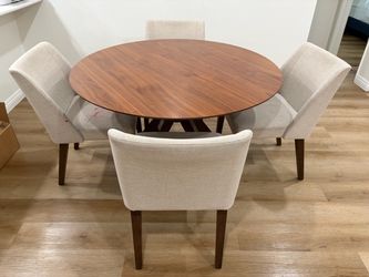 5-Piece Round Walnut Dining Table and Upholstered Chair Set