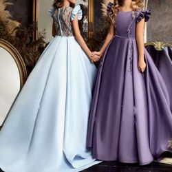 Satin Purple Fluffy Flower Girl Dress For Weddings Scoop First Communion Gowns Lovely Kids Birthday Ball Evening Dresses
