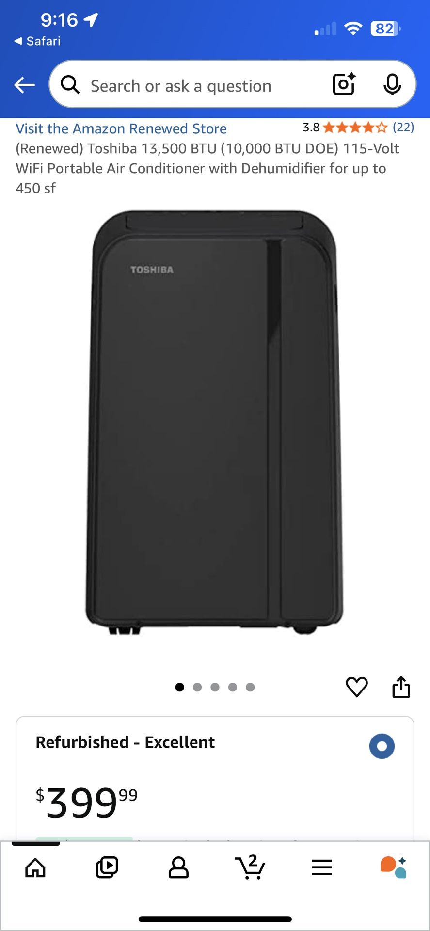 Toshiba 13,500 BTU (10,000 BTU DOE) 115-Volt WiFi Portable Air Conditioner with Dehumidifier for up to 450 sf TOSHIBA