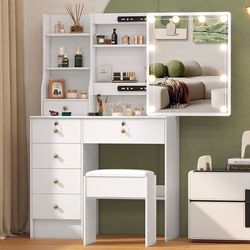 Umeiga Small Desk with Mirror and Lights, 32-Inch Makeup Table with Sliding Mirror, Drawers and Chair, Hollywood Vanity with 3 Modes of Adhesive LED B