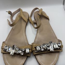 MIU MIU Miu Miu Beige Patent Leather Cipraia Crystal Ankle Strap Flat Sandals Size 38.5