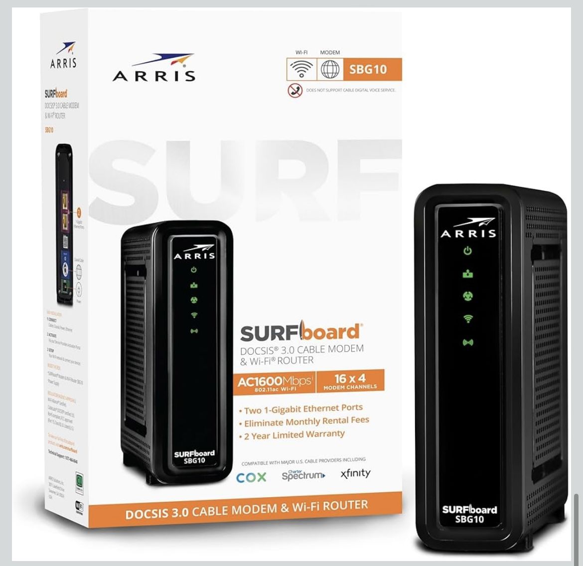 ARRIS (SBG10) - Cable Modem Router Combo - Fast DOCSIS 3.0 16 X 4 Gigabit & AC1600 WiFi, For Comcast Xfinity, Cox, Spectrum, 400 Mbps Max Internet Spe