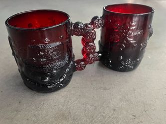 Vintage Arcoroc France Ruby Red Glass Snowman and Snowflake Mug. Embossed, detailed 3D design, textured