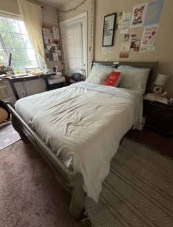 Full Bed Frame, Dresser, and Side Table (MATTRESS NOT INCLUDED) (Color: green-ish gray wood) PICK UP ONLY!!