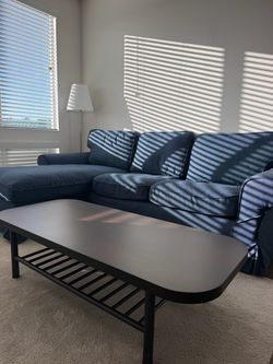 Navy Blue Sectional Sofa & Black Coffee Table with Storage Shelf