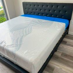 New KING Size BED FRAME WITH MATTRESS PLATFORM BED WITH SLATS HEADBOARD AND MATTRESS FREE DELIVERY 