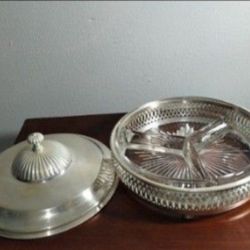 1930's CRESCENT SILVER CO RELISH TRAY - DIVIDED GLASS INSERT 7"×4"- V34