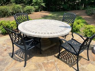 8 Pc Outdoor Stone Table 6 Chairs & Umbrella
