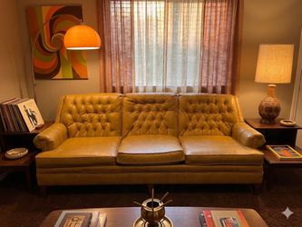 Vintage 1970s Tufted Camel Stanley Sofa – Mid Century Style