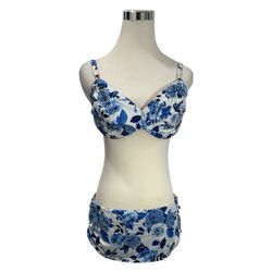 Aqua La Vie En Rose Sz L D Bikini 2 Piece Swimsuit Blue White Floral Halter Top