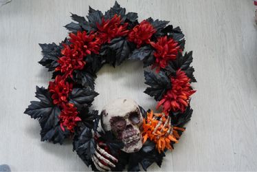 Halloween Skull Wreath with Black Leaves and Flowers