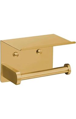 Self-Adhesive Toilet Paper Holder with Shelf – Gold, Stainless Steel, Wall Mount