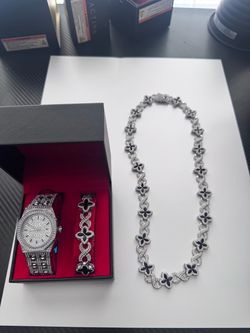 Iced out watch and clover chain and bracelet combo