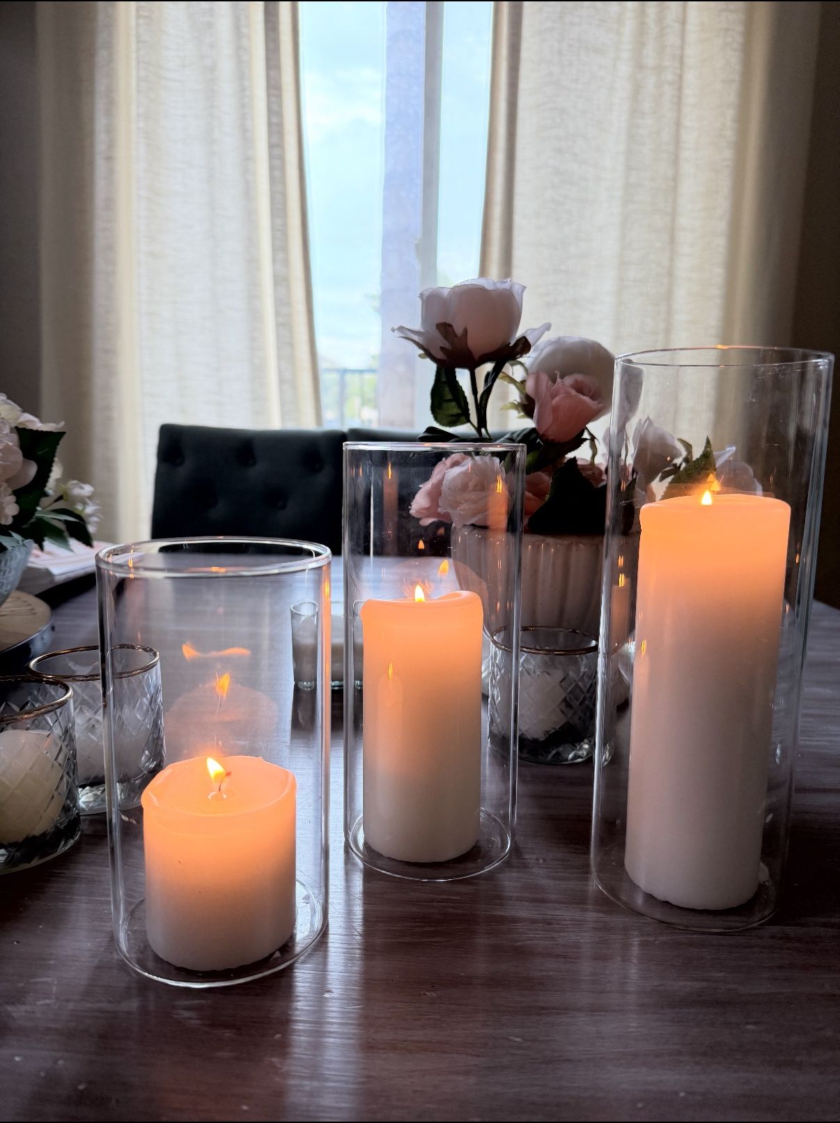 12 Centerpieces: Set Of 3 Cylinder Vases With Pillar Candle