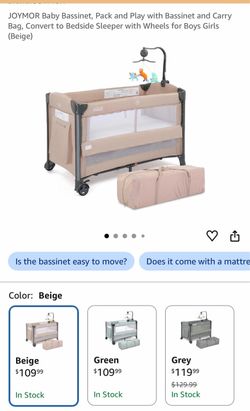 JOYMOR Baby Bassinet, Pack and Play with Bassinet and Carry Bag, Convert to Bedside Sleeper with Wheels for Boys Girls (Beige)