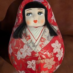 Vintage Japanese Hime Daruma roly-poly doll from the 1960s or 1970s?  Round doll with hand painted face and wrapped in gilded brocade fabric. About 10