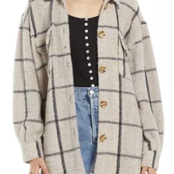 NWOT SUPPLY GREY PLAID TUCKER JACKET IN CRYSTAL Plaid Button-Up Cardigan Sz XS.