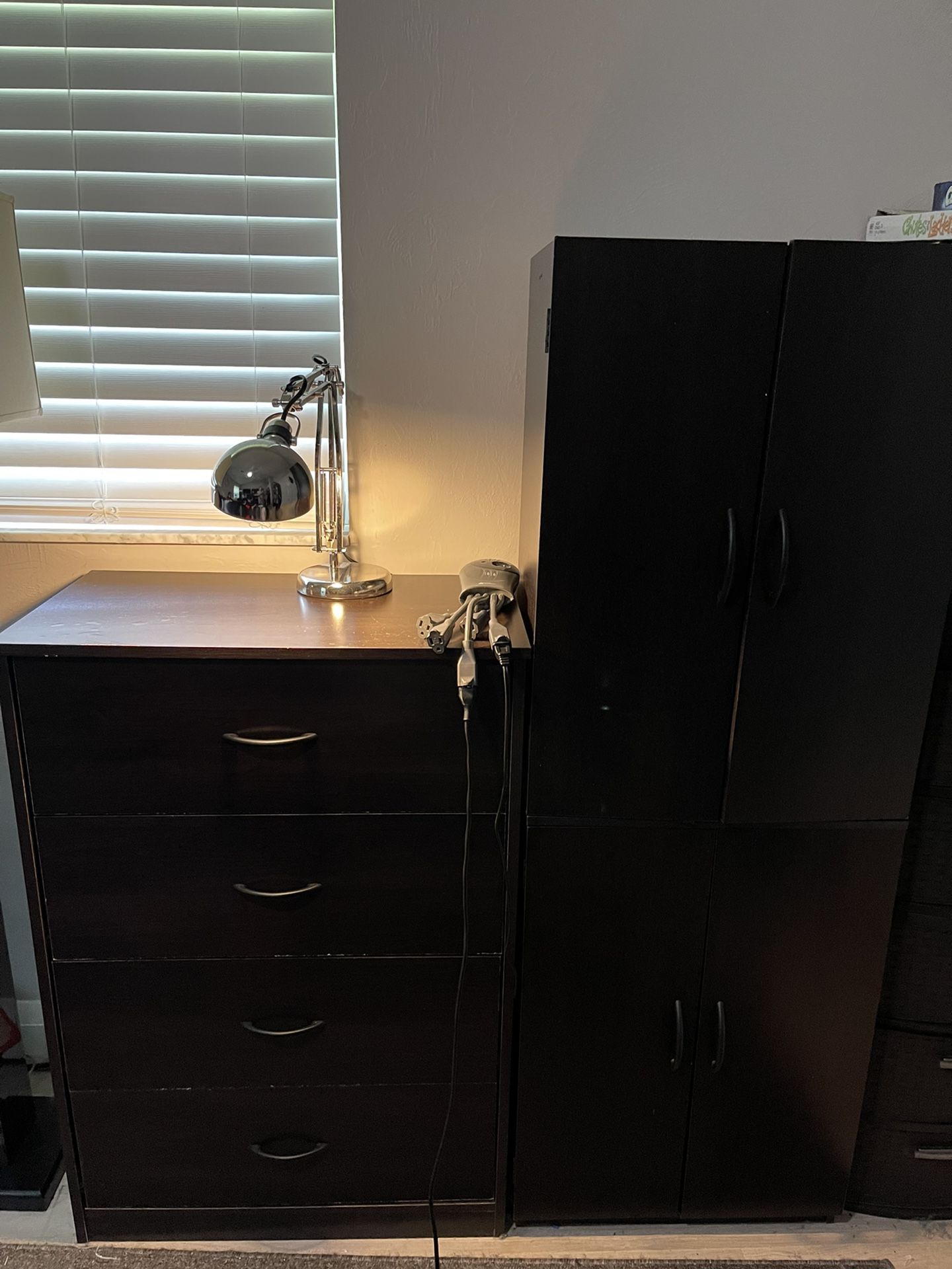 Dark brown furniture set :2 Book shelfs,1 computer desk,4 drawer cabinet and tall cabinet Twin bed