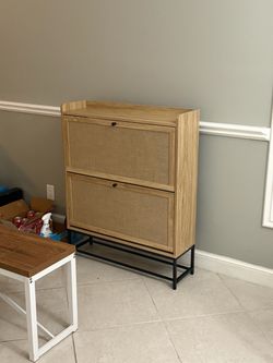Wood and Rattan Shoe Cabinet with Metal Base