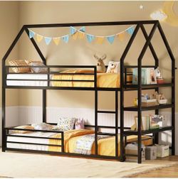 Twin over Twin Black Metal House Bunk Bed with Shelves