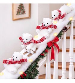 New 4PCS Polar Bear Christmas Stairs Decorations with LED Lights Banister Christmas Decorations with Skiing Polar Bears & Artificial Snow Blanket for