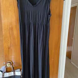 Woman’s Black Cotton Knit Long Dress - Elastic Waist Size Xl 16-18